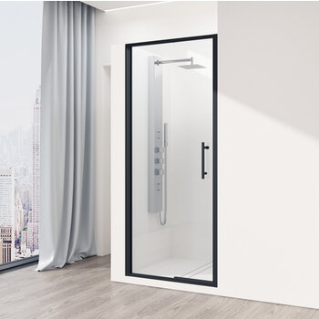 Vigo Fixed Framed Pivot Shower Door with 2'' Thick Clear Glass and Matte Black Hardware, Angle View