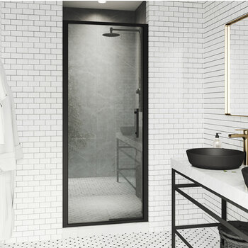 Vigo Fixed Framed Pivot Shower Door with 2'' Thick Clear Glass and Matte Black Hardware, Installed Front View
