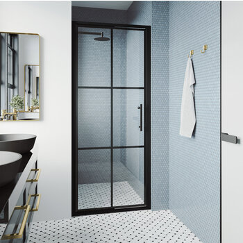 Vigo Astoria Fixed Framed Grid Pivot Shower Door with 2'' Thick Clear Glass and Matte Black Hardware