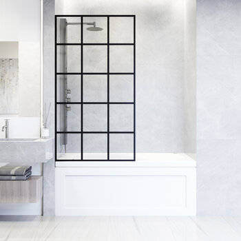 Vigo Mosaic 34'' W x 62'' H Fixed Frame Tub Screen in Matte Black with Grid Pattern and Clear Glass , In Use Illustration