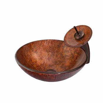Vigo Mahogany Moon Glass Vessel Sink And Waterfall Faucet Set In Oil Rubbed Bronze - 16-1/2" Diameter x 6"H