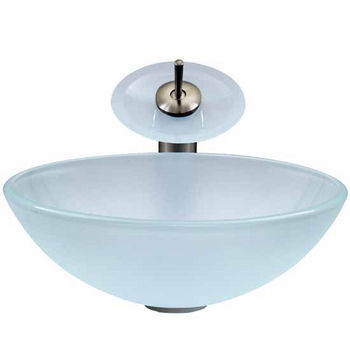 Vigo VIG-VGT036BNRND, White Frost Glass Vessel Sink and Waterfall Faucet Set in Brushed Nickel
