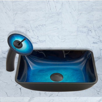 Vigo 18-1/4'' W Rectangular Turquoise Water Glass Vessel Sink and Waterfall Faucet Set in Matte Black Finish, 18-1/4'' W x 13'' D x 4'' H
