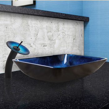 Vigo 18-1/4'' W Rectangular Turquoise Water Glass Vessel Sink and Waterfall Faucet Set in Matte Black Finish, 18-1/4'' W x 13'' D x 4'' H