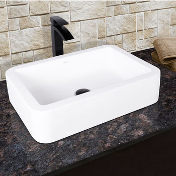 Vigo Navagio Composite Vessel Sink and Duris Bathroom Vessel Faucet Set in Matte Black w/ Pop up Drain, 23'' W x 16'' D x 5-3/8'' H