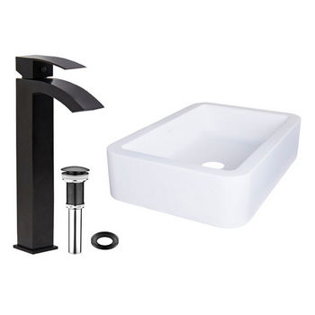 Vigo Navagio Composite Vessel Sink and Duris Bathroom Vessel Faucet Set in Matte Black w/ Pop up Drain, 23'' W x 16'' D x 5-3/8'' H