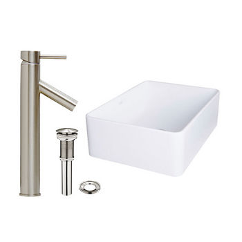 Vigo Caladesi Composite Vessel Sink and Dior Bathroom Vessel Faucet Set in Brushed Nickel w/ Pop up Drain, 19-5/8'' W x 14-1/2'' D x 6-1/8'' H