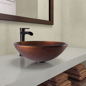 Vigo Russet Glass Vessel Bathroom Sink Set with Niko Vessel Faucet in Antique Rubbed Bronze, 16-1/2" Diameter x 6-1/2" H