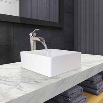 Vigo Dianthus Matte Stone Vessel Bathroom Sink Set with Niko Vessel Faucet in Brushed Nickel, 14-1/2" W x 14-1/2" D x 5" H