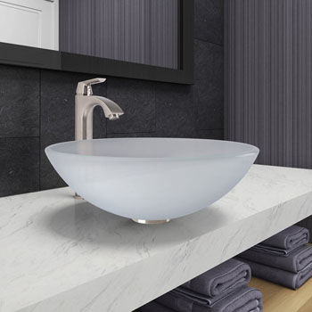 Vigo White Frost Glass Vessel Bathroom Sink Set with Linus Vessel Faucet in Brushed Nickel, 16-1/2" Diameter x 6" H