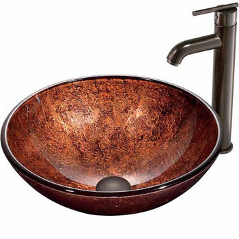 Vigo Mahogany Moon Glass Vessel Sink And Faucet Set In Oil Rubbed Bronze - 16-1/2" Diameter x 6"H