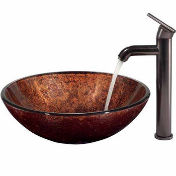 Vigo Mahogany Moon Glass Vessel Sink And Faucet Set In Oil Rubbed Bronze - 16-1/2" Diameter x 6"H