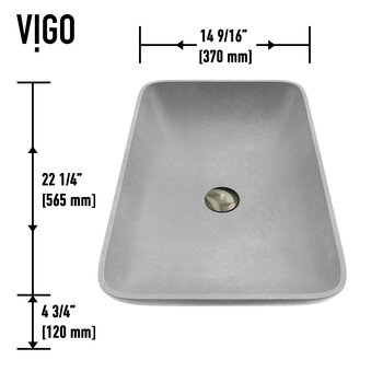 Vigo ConcretoStone™ Collection 22'' Rectangle Vessel Sink Gotham Faucet Brushed Nickel Dimensions