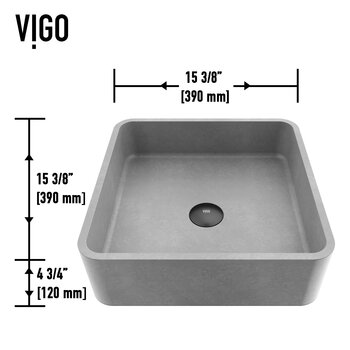 Vigo ConcretoStone™ Collection 15'' Square Vessel Sink Gotham Faucet Matte Black Dimensions