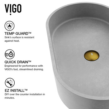 Vigo ConcretoStone™ Collection 23-5/8'' Oval Vessel Sink Lexington Faucet Matte Brushed Gold Temp Guard Info