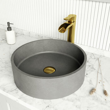 Vigo ConcretoStone™ Collection 15-3/8'' Round Vessel Sink Niko Faucet Matte Brushed Gold 15-3/8'' Round Vessel Sink w/ Niko Faucet and Pop-Up Drain