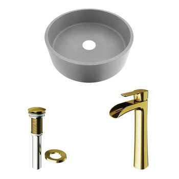 Vigo ConcretoStone™ Collection 15-3/8'' Round Vessel Sink Niko Faucet Matte Brushed Gold Included Items