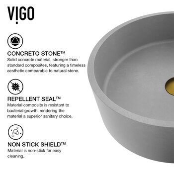 Vigo ConcretoStone™ Collection 15-3/8'' Round Vessel Sink Niko Faucet Matte Brushed Gold Concreto Stone Info