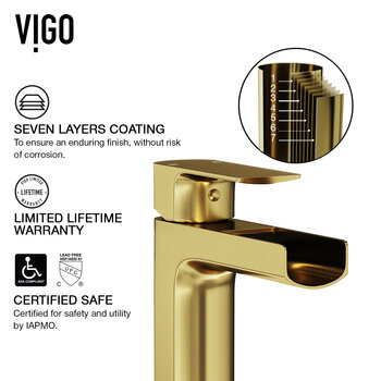 Vigo Bryant Collection 15-1/8'' Square Vessel Sink Amada Faucet Matte Brushed Gold 7 Layers Info