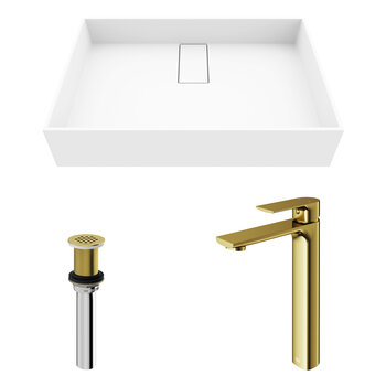 Vigo Bryant Grand Collection 23-1/4'' Rectangle Vessel Sink Norfolk Faucet Matte Brushed Gold Included Items