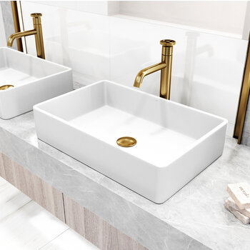 Vigo Magnolia Matte Stone™ Rectangular Vessel Bathroom Sink in White with Cass Bathroom Faucet and Pop-Up Drain in Matte Brushed Gold
