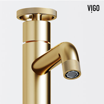 Vigo Matte Stone™ Rectangular Vessel Bathroom Sink in White with Cass Bathroom Faucet and Pop-Up Drain in Matte Brushed Gold, Spout Bottom View