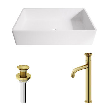 Vigo Matte Stone™ Rectangular Vessel Bathroom Sink in White with Cass Bathroom Faucet and Pop-Up Drain in Matte Brushed Gold, Included Items