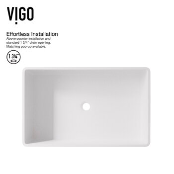 Vigo Matte Stone™ Rectangular Vessel Bathroom Sink in White with Cass Bathroom Faucet and Pop-Up Drain in Matte Brushed Gold, Effortless Installation