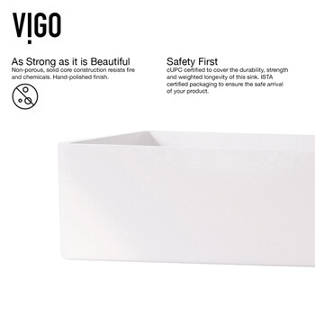 Vigo Matte Stone™ Rectangular Vessel Bathroom Sink in White with Cass Bathroom Faucet and Pop-Up Drain in Matte Brushed Gold, Safety First Info