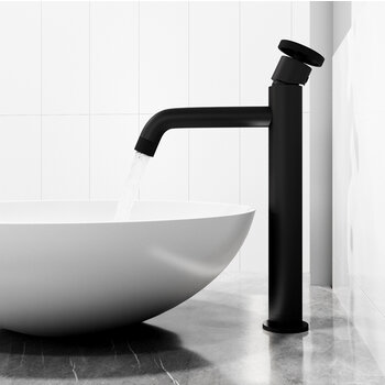 Vigo Matte Stone™ Round Vessel Bathroom Sink in White with Cass Bathroom Faucet and Pop-Up Drain in Matte Black, Installed Side View