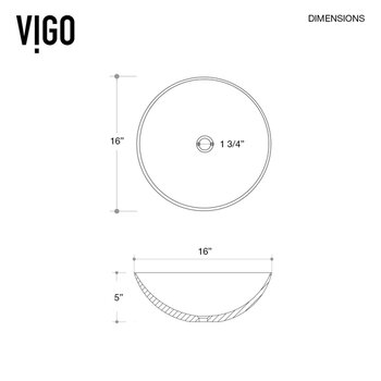 Vigo Matte Stone™ Round Vessel Bathroom Sink in White with Cass Bathroom Faucet and Pop-Up Drain in Matte Black, Dimensions