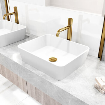 VIGO Marigold MatteStone™ Collection Vessel Bathroom Sink with Apollo Bathroom Faucet and Pop-Up Drain in Matte Brushed Gold, Installed View
