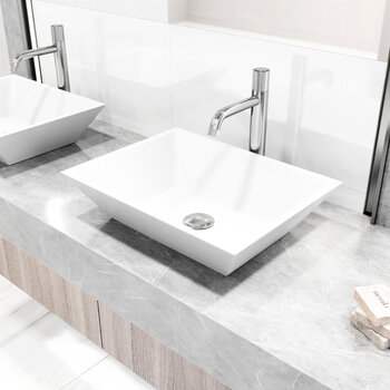 VIGO Vinca MatteStone™ Collection Vessel Bathroom Sink with Apollo Bathroom Faucet and Pop-Up Drain in Chrome, Installed View