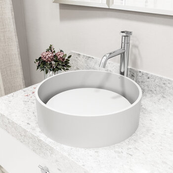 VIGO Anvil MatteStone™ Collection Vessel Bathroom Sink with Grant Bathroom Faucet and Pop-Up Drain in Chrome, Installed View
