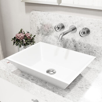 VIGO Vinca MatteStone™ Collection Vessel Bathroom Sink with Cass Wall Mount Bathroom Faucet and Pop-Up Drain in Chrome, Installed View