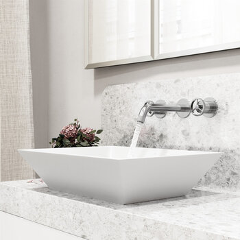 VIGO Vinca MatteStone™ Collection Vessel Bathroom Sink with Cass Wall Mount Bathroom Faucet and Pop-Up Drain in Chrome, Side View