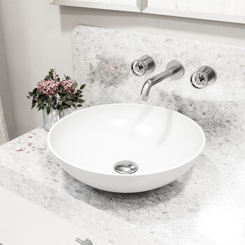 VIGO Lotus MatteStone™ Collection Vessel Bathroom Sink with Cass Wall Mount Bathroom Faucet and Pop-Up Drain in Brushed Nickel, Installed View
