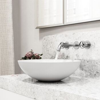 VIGO Lotus MatteStone™ Collection Vessel Bathroom Sink with Cass Wall Mount Bathroom Faucet and Pop-Up Drain in Brushed Nickel, Side View
