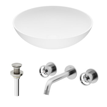 VIGO Lotus MatteStone™ Collection Vessel Bathroom Sink with Cass Wall Mount Bathroom Faucet and Pop-Up Drain in Brushed Nickel, Included Items