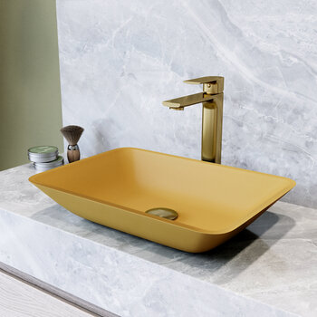 VIGO Sottlie MatteShell™ Collection Gold Vessel Bathroom Sink with Norfolk Bathroom Faucet and Pop-up Drain in Matte Brushed Gold, Installed Angle View