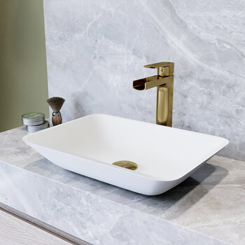 VIGO Sottlie MatteShell™ Collection White Vessel Bathroom Sink with Amada Bathroom Faucet and Pop-up Drain in Matte Brushed Gold, Installed Angle View