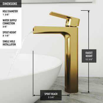 VIGO Sottlie MatteShell™ Collection White Vessel Bathroom Sink with Amada Bathroom Faucet and Pop-up Drain in Matte Brushed Gold, Faucet Dimensions
