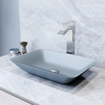 VIGO Sottlie MatteShell™ Collection Blue Vessel Bathroom Sink with Duris Bathroom Faucet and Pop-up Drain in Chrome, Installed Angle View