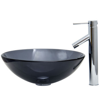 Vigo VIG-VGT250, Sheer Black Glass Vessel Sink and Faucet Set in Chrome, 16-1/2" Diameter x 6" H