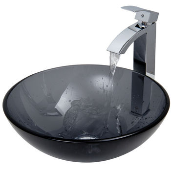 Vigo VIG-VGT252, Sheer Black Glass Vessel Sink and Faucet Set in Chrome, 16-1/2" Diameter x 6" H