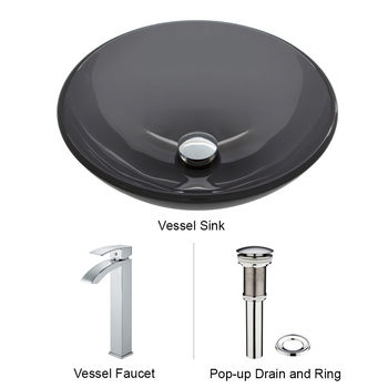 Vigo VIG-VGT252, Sheer Black Glass Vessel Sink and Faucet Set in Chrome, 16-1/2" Diameter x 6" H
