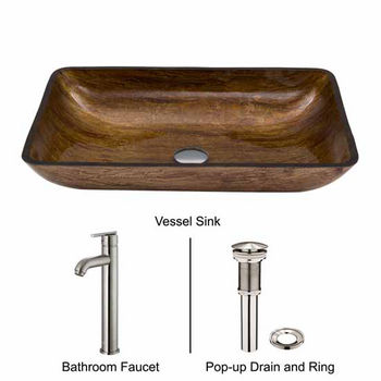 Vigo VIG-VGT312, Rectangular Amber Sunset Glass Vessel Sink and Faucet Set in Brushed Nickel