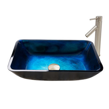 Vigo 18-1/4'' W Rectangular Turquoise Water Glass Vessel Sink and Dior Faucet Set in Brushed Nickel Finish, 18-1/4'' W x 13'' D x 4'' H
