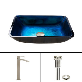 Vigo 18-1/4'' W Rectangular Turquoise Water Glass Vessel Sink and Duris Faucet Set in Brushed Nickel Finish, 18-1/4'' W x 13'' D x 4'' H