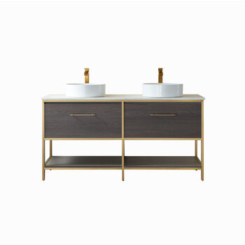 Vinnonva Murcia 60'' W Freestanding Double Sink Bathroom Vanity in Suleiman Oak with Brushed Gold Frame, White Composite Grain Stone Countertop, and Vessel Sinks, 60'' Suleiman Oak / Brushed Gold Product View